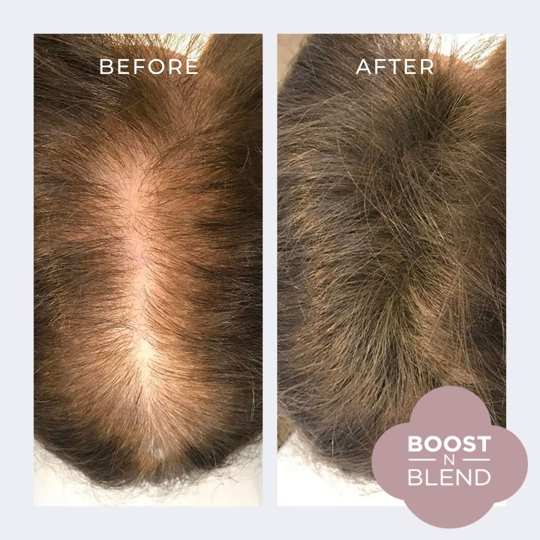 Smooth_Medium_Brown_Hair Fibres Before and After Boost N Blend